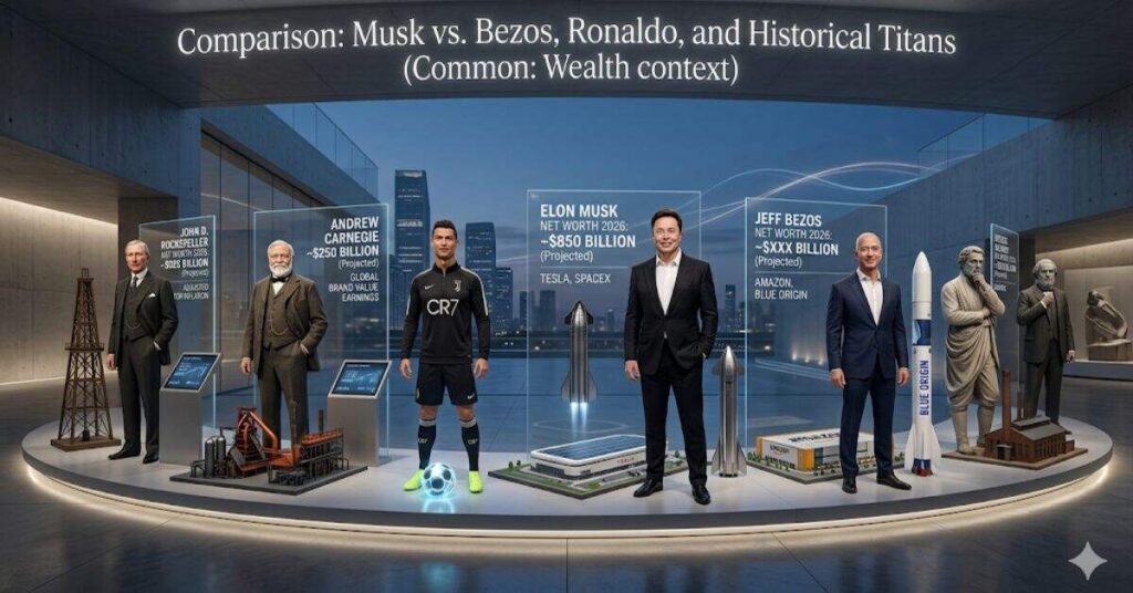 Comparison Musk vs. Bezos, Ronaldo, and Historical Titans 