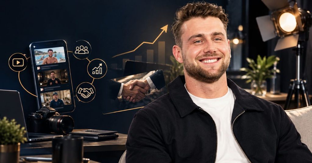 Harry Jowsey with graphics showing social media, brand deals and income growth